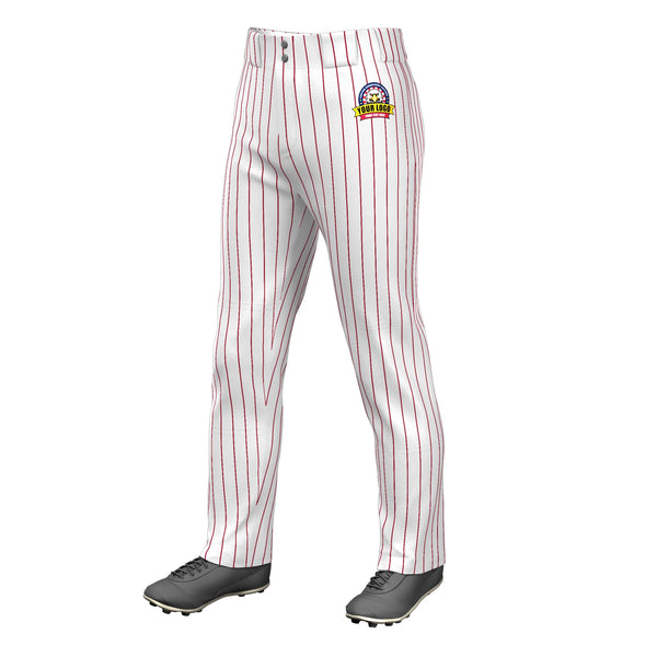 Custom White Red Pinstripe Fit Stretch Practice Loose-fit Baseball Pants | BuyFootballJersey