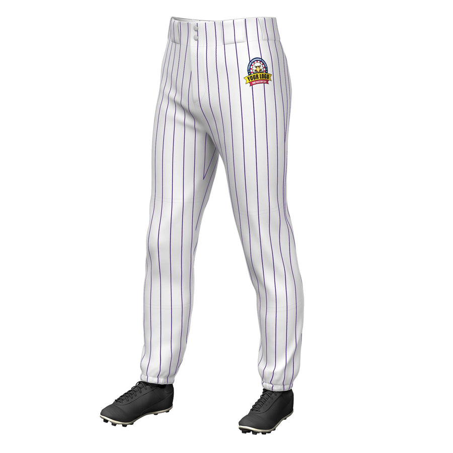 Custom White Purple Pinstripe Fit Stretch Practice Pull Up Baseball Pants | BuyFootballJersey