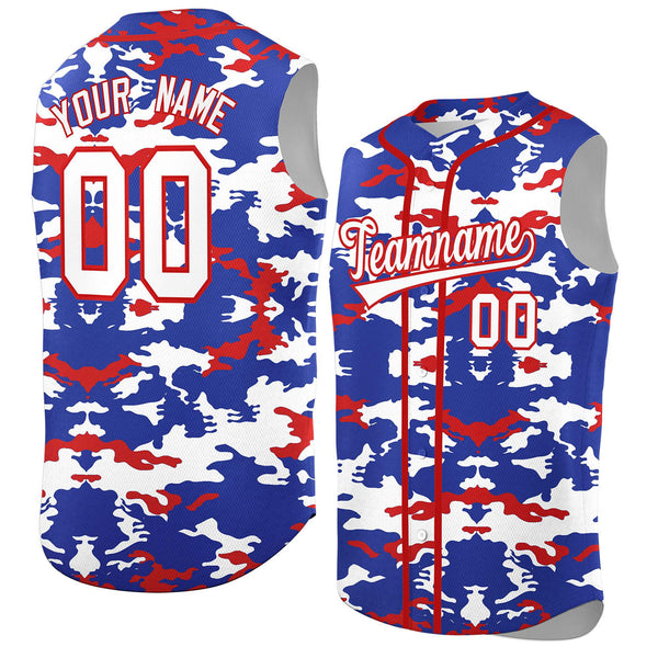 Custom Royal White and Red Camo Fashion Sleeveless Baseball Jersey | BuyFootballJersey