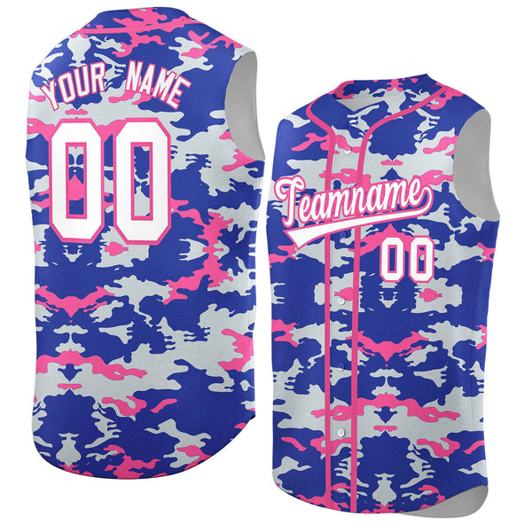 Custom Royal Silver and Pink Camo Fashion Sleeveless Baseball Jersey | BuyFootballJersey
