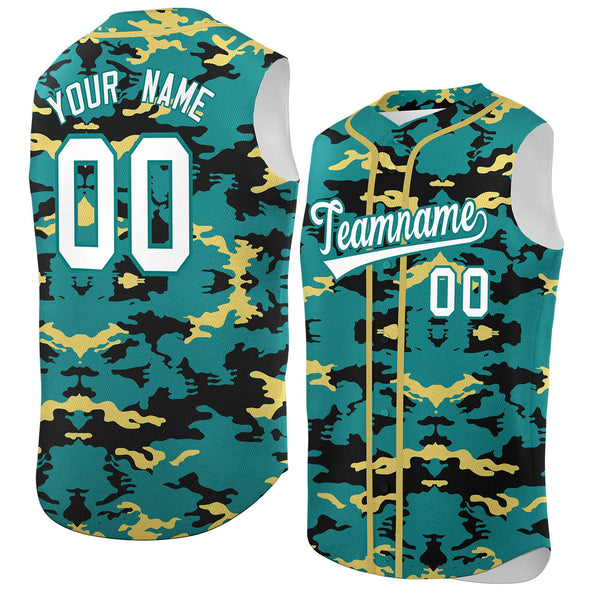 Custom Aqua Black and Khaki Camo Fashion Sleeveless Baseball Jersey | BuyFootballJersey