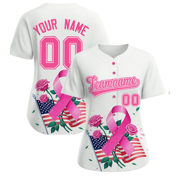 Custom White Pink Breast Cancer Awareness Month Pink Ribbon Baseball Jersey for Women | BuyFootballJersey