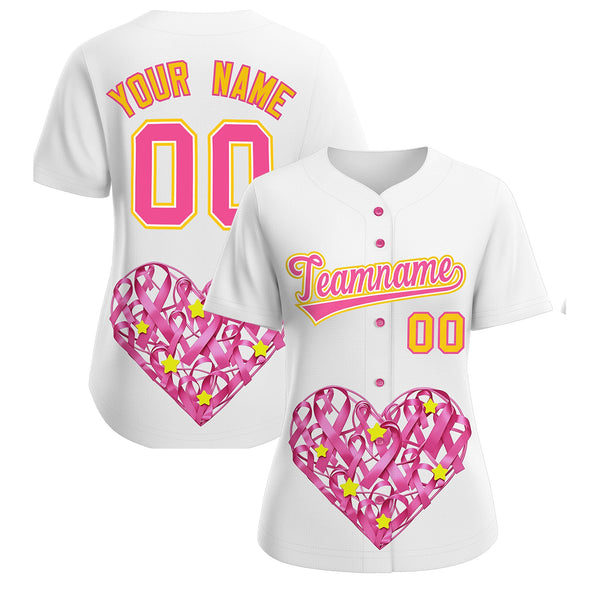 Custom White Pink Breast Cancer Awareness Month Pink Ribbon Baseball Jersey for Women | BuyFootballJersey