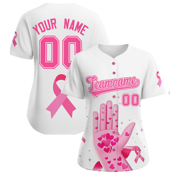 Custom White Pink Breast Cancer Awareness Month Pink Ribbon Baseball Jersey for Women | BuyFootballJersey