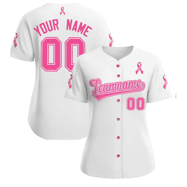 Custom White Pink Breast Cancer Awareness Month Pink Ribbon Baseball Jersey for Women | BuyFootballJersey