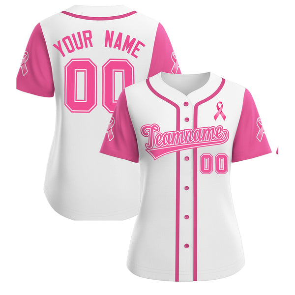 Custom White Pink Breast Cancer Awareness Month Pink Ribbon Baseball Jersey for Women | BuyFootballJersey