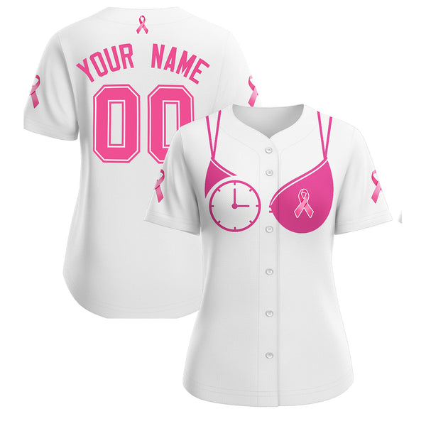 Custom White Pink Breast Cancer Awareness Month Pink Ribbon Baseball Jersey for Women | BuyFootballJersey