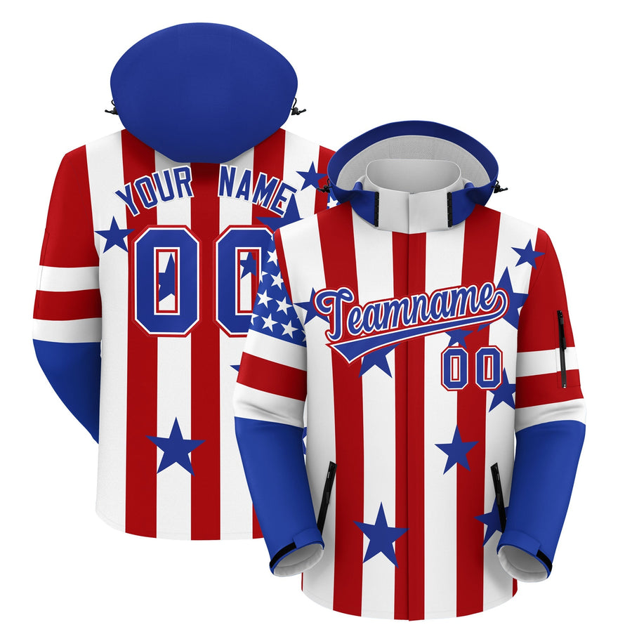 Custom White Red Royal Blue Independence Day American Flag Waterproof Jacket | BuyFootballJersey