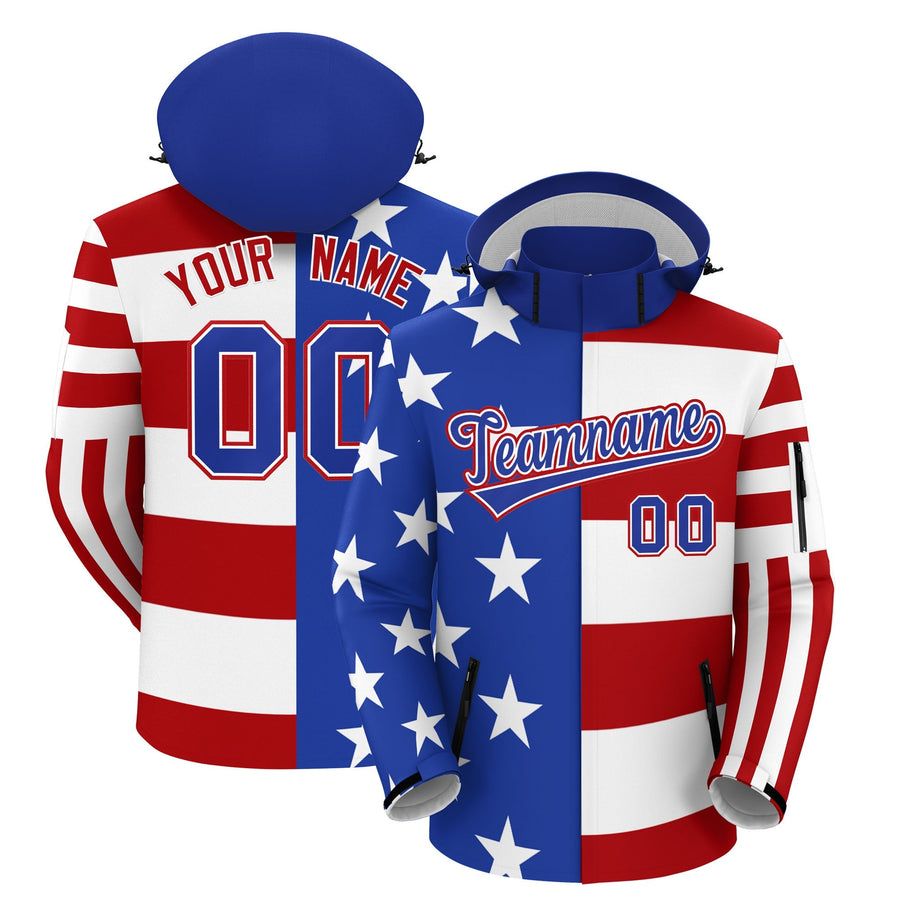 Custom White Red Royal Blue Independence Day American Flag Waterproof Jacket | BuyFootballJersey
