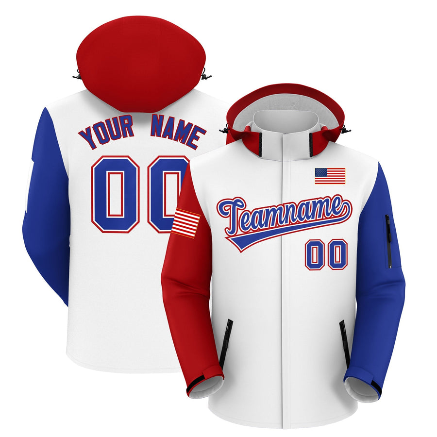 Custom White Royal Blue Independence Day American Flag Waterproof Jacket | BuyFootballJersey