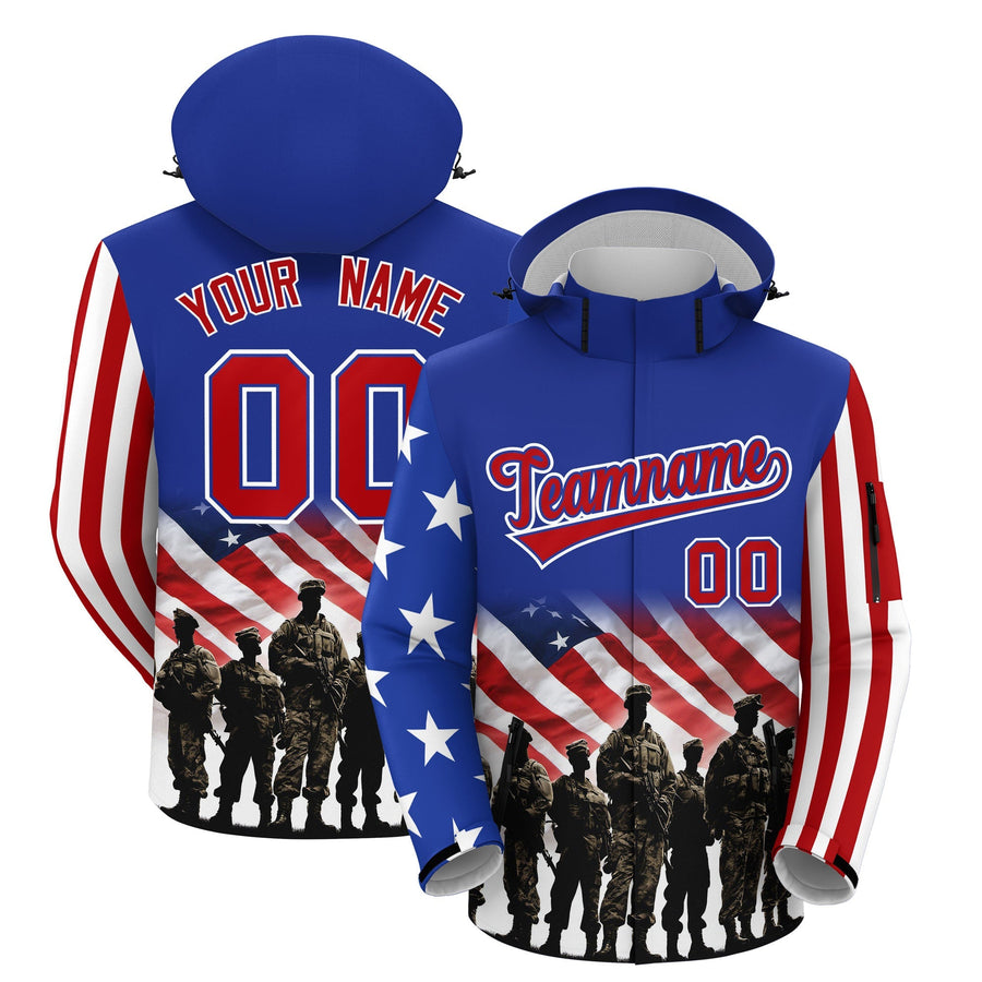 Custom Royal Blue White Red Independence Day American Flag Waterproof Jacket | BuyFootballJersey