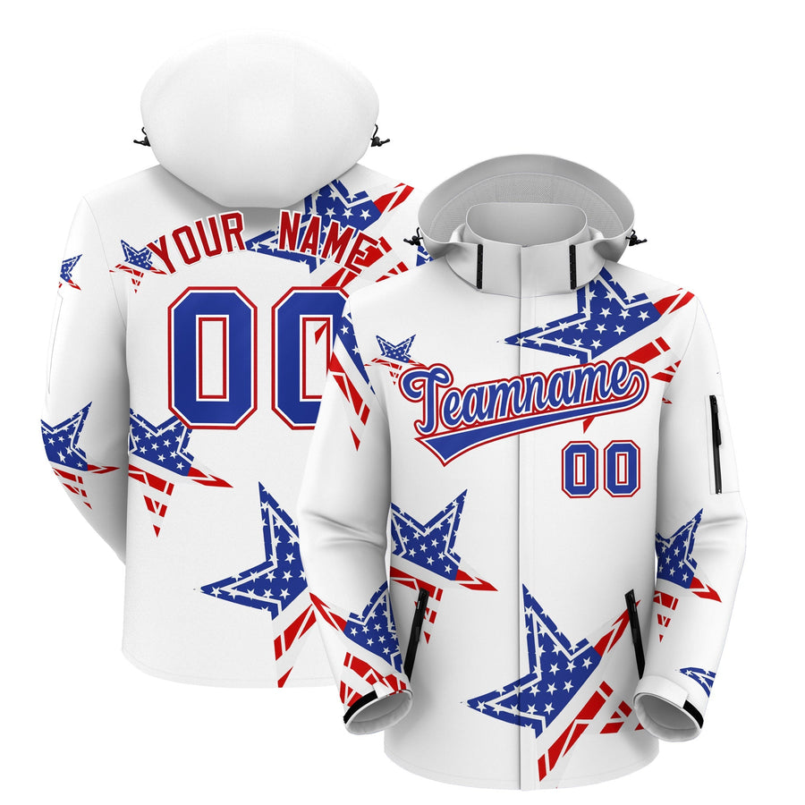Custom White Royal Blue Red Independence Day American Flag Waterproof Jacket | BuyFootballJersey
