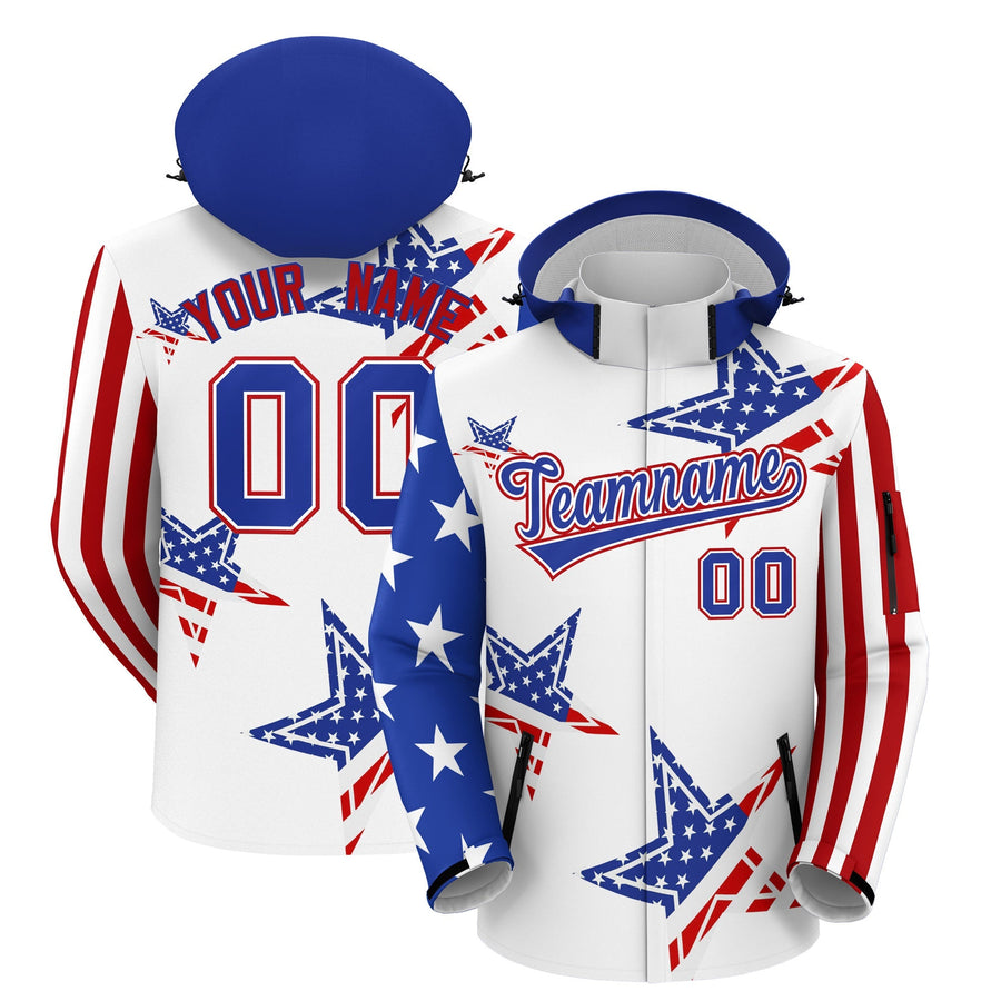 Custom White Royal Blue Red Independence Day American Flag Waterproof Jacket | BuyFootballJersey