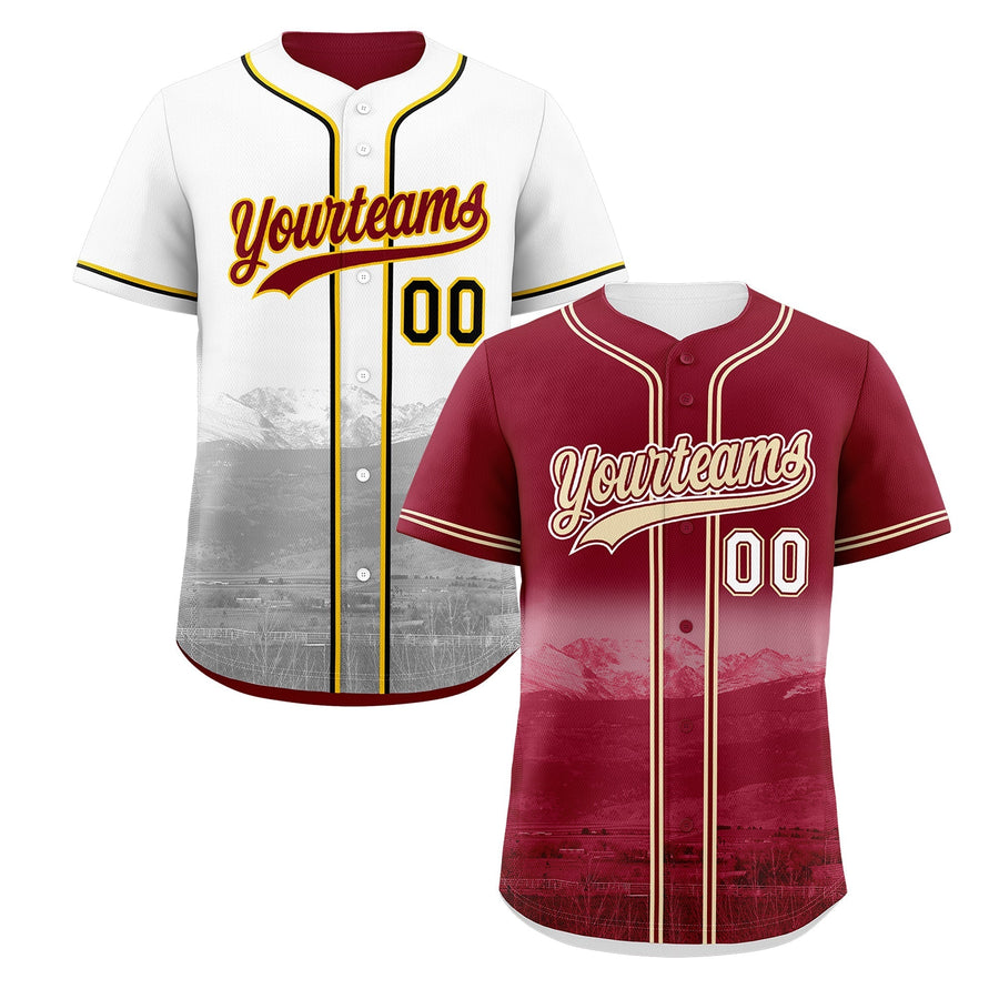 Custom Crimson Light Khaki Baseball Jersey Reversible City Skyline Graffiti Pattern Breathable | BuyFootballJersey