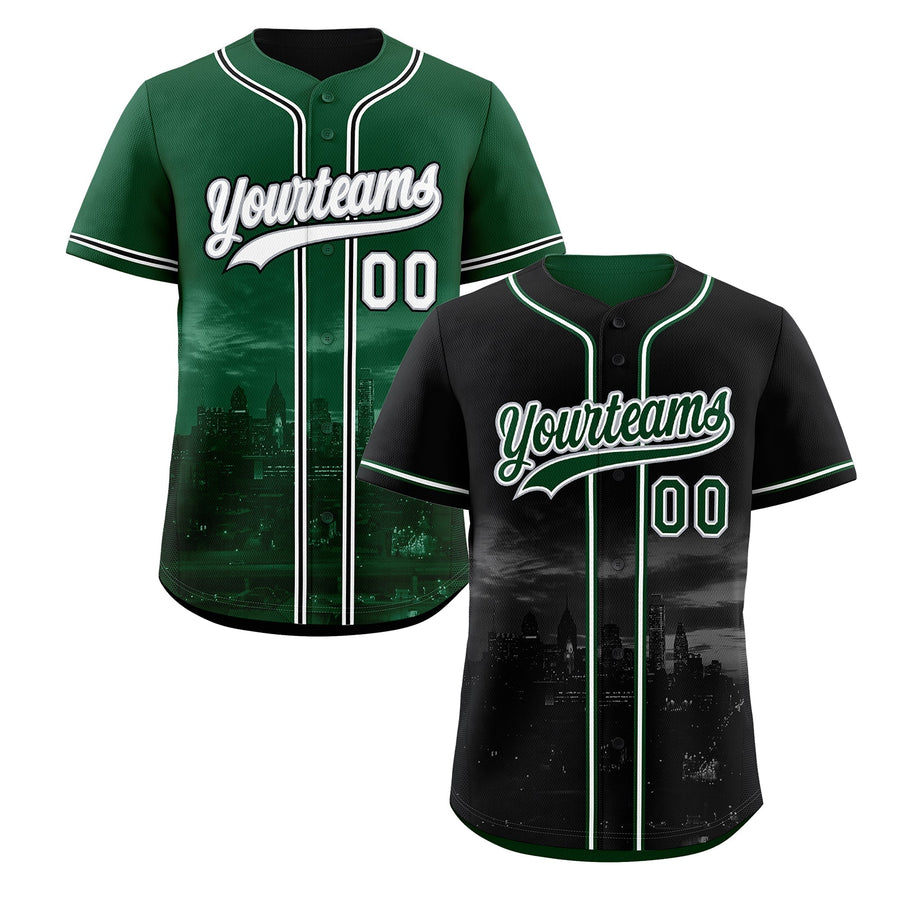 Custom Black Green Baseball Jersey Reversible City Skyline Graffiti Pattern Breathable | BuyFootballJersey