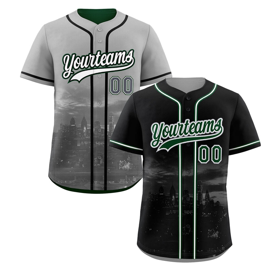 Custom Black Grey Baseball Jersey Reversible City Skyline Graffiti Pattern Stretch Fabric | BuyFootballJersey