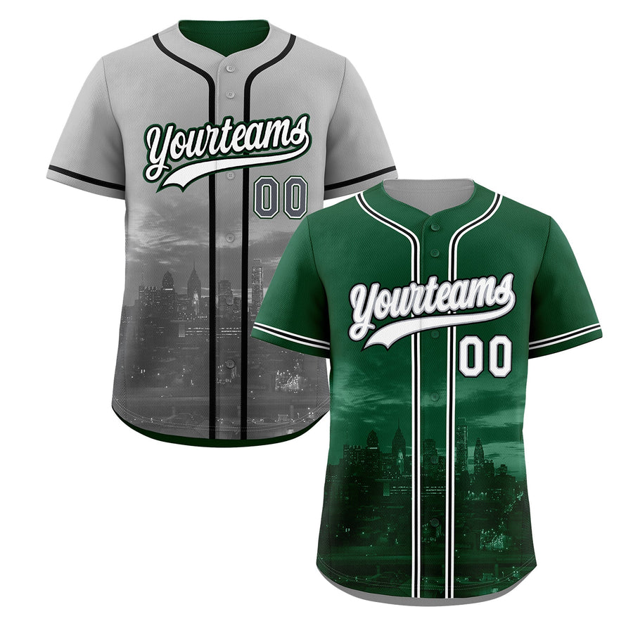 Custom Green Grey Baseball Jersey Reversible City Skyline Graffiti Pattern Wrinkle-Resistant | BuyFootballJersey