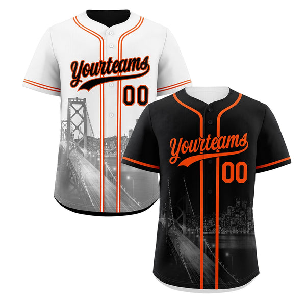 Custom Black White Orange Baseball Jersey Reversible City Skyline Graffiti Pattern Breathable | BuyFootballJersey
