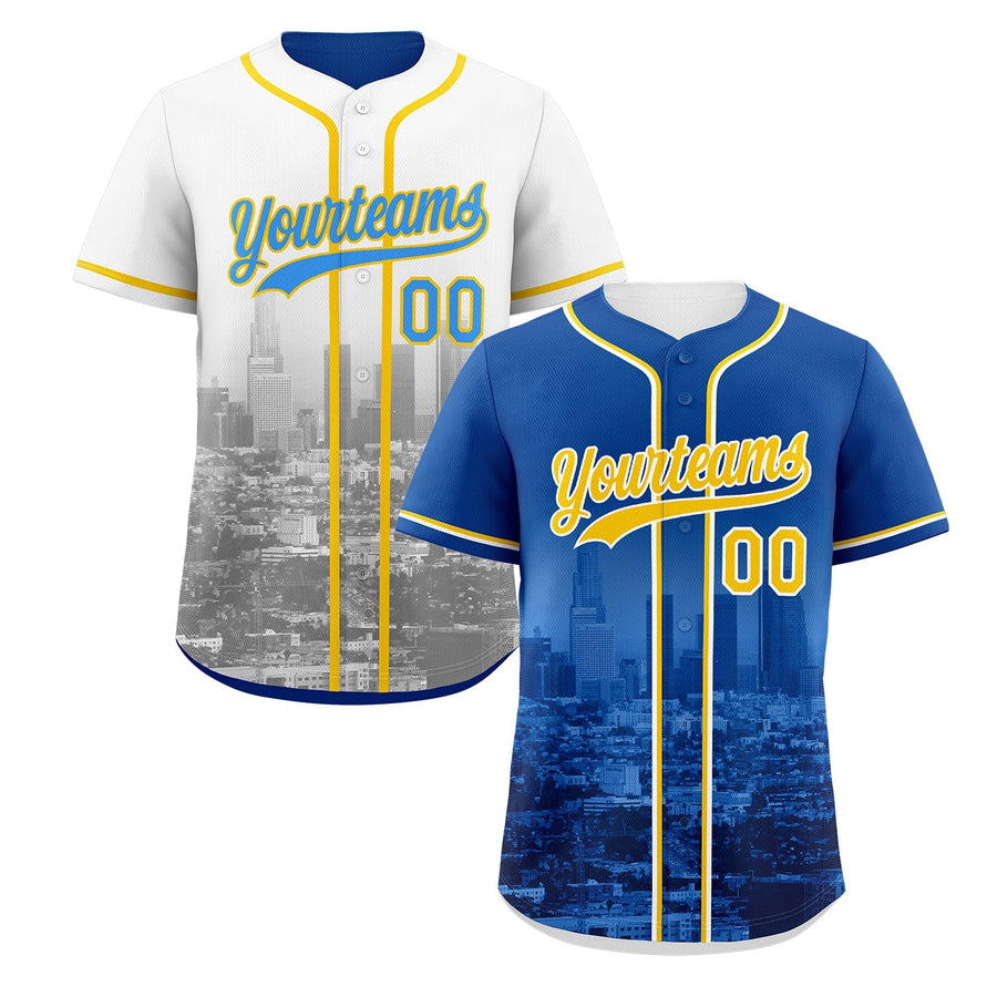 Custom Royal Blue White Baseball Jersey Reversible City Skyline Graffiti Pattern Stretch Fabric | BuyFootballJersey
