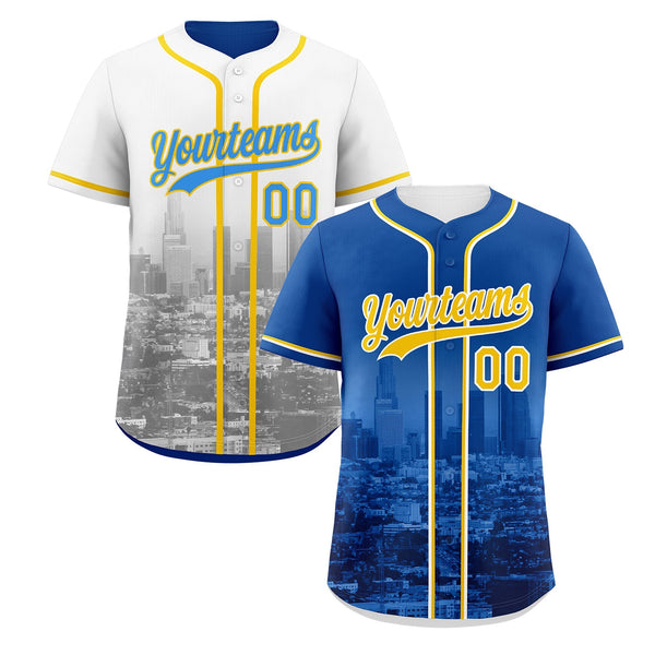 Custom Royal Blue White Baseball Jersey Reversible City Skyline Graffiti Pattern Stretch Fabric | BuyFootballJersey