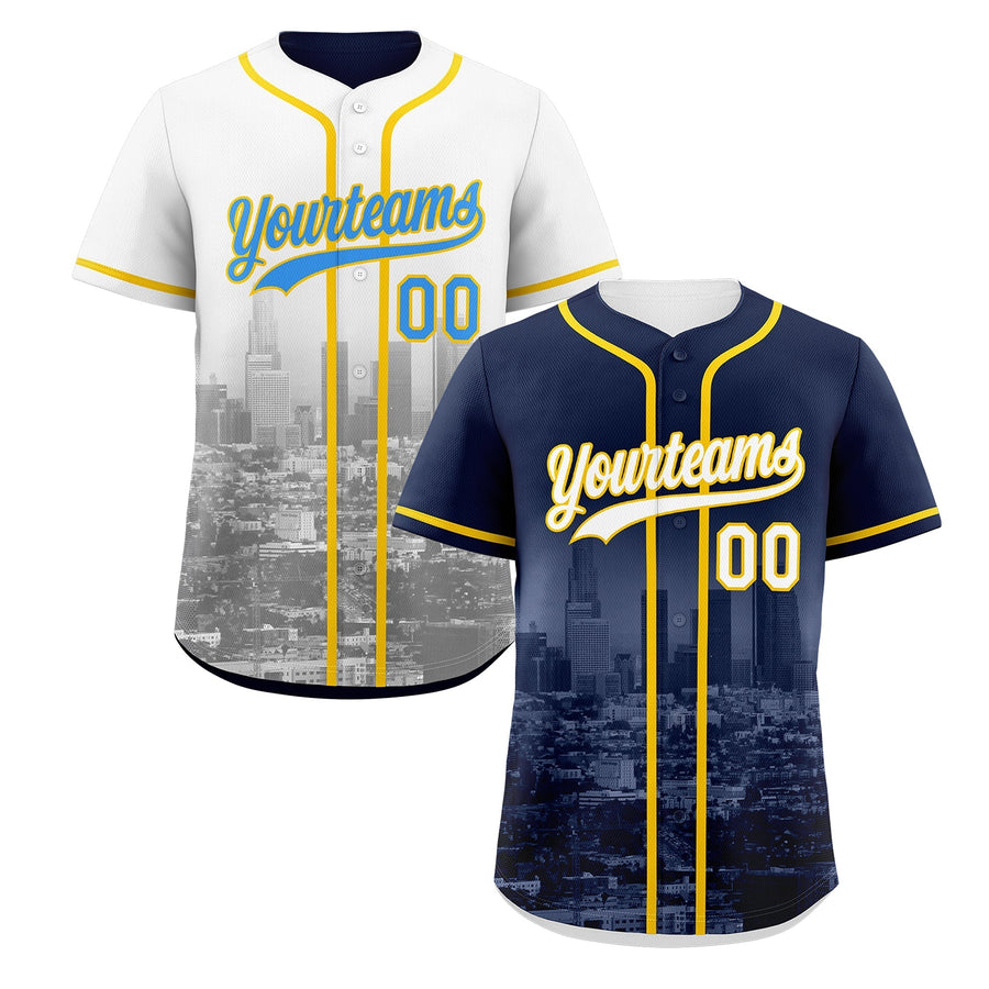 Custom Navy White Gold Baseball Jersey Reversible City Skyline Graffiti Pattern Wrinkle-Resistant | BuyFootballJersey