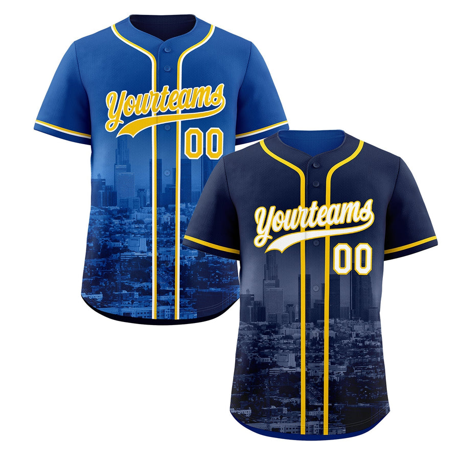 Custom Navy Gold Baseball Jersey Reversible City Skyline Graffiti Pattern Fully Customized | BuyFootballJersey
