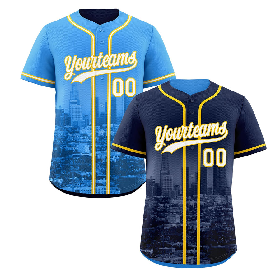Custom Navy White Gold Baseball Jersey Reversible City Skyline Graffiti Pattern Stretch Fabric | BuyFootballJersey