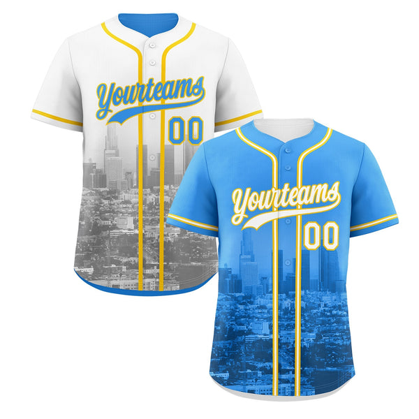 Custom Powder Blue White Baseball Jersey Reversible City Skyline Graffiti Pattern Wrinkle-Resistant | BuyFootballJersey