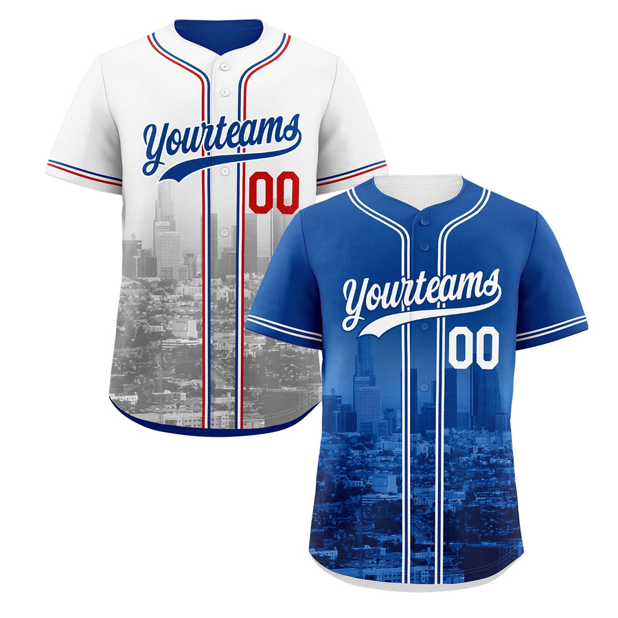 Custom Royal Blue White Red Baseball Jersey Reversible City Skyline Graffiti Pattern Breathable | BuyFootballJersey