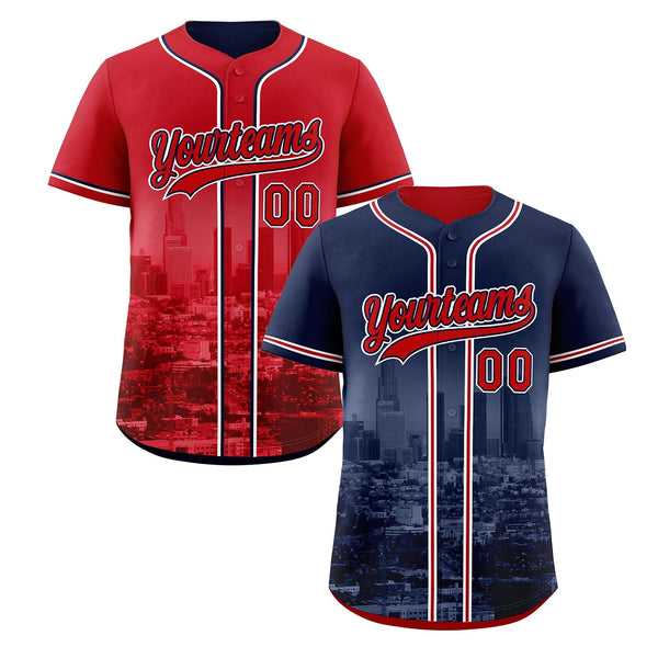 Custom Navy Red White Baseball Jersey Reversible City Skyline Graffiti Pattern Stretch Fabric | BuyFootballJersey
