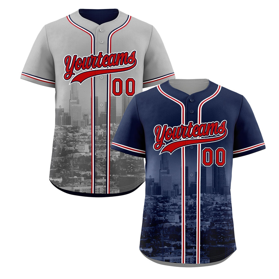 Custom Navy Red White Baseball Jersey Reversible City Skyline Graffiti Pattern Wrinkle-Resistant | BuyFootballJersey