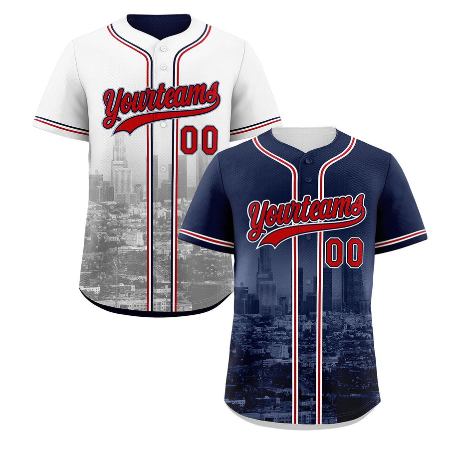 Custom Navy Red White Baseball Jersey Reversible City Skyline Graffiti Pattern Breathable | BuyFootballJersey