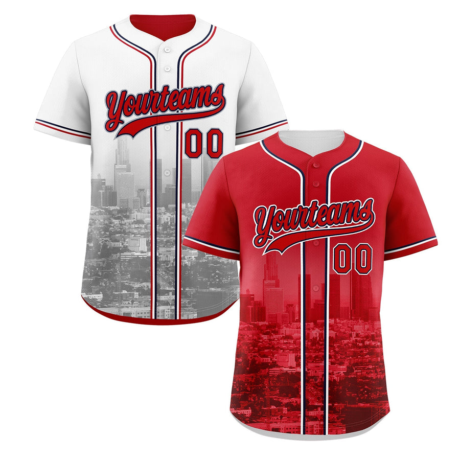 Custom Red White Baseball Jersey Reversible City Skyline Graffiti Pattern Fade-Resistant Printing | BuyFootballJersey
