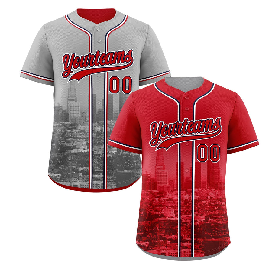 Custom Red Grey Baseball Jersey Reversible City Skyline Graffiti Pattern Wrinkle-Resistant | BuyFootballJersey