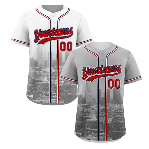 Custom Gray White Red Baseball Jersey Reversible City Skyline Graffiti Pattern Breathable | BuyFootballJersey