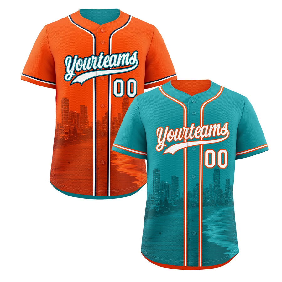 Custom Teal Orange Baseball Jersey Reversible City Skyline Graffiti Pattern Stretch Fabric | BuyFootballJersey