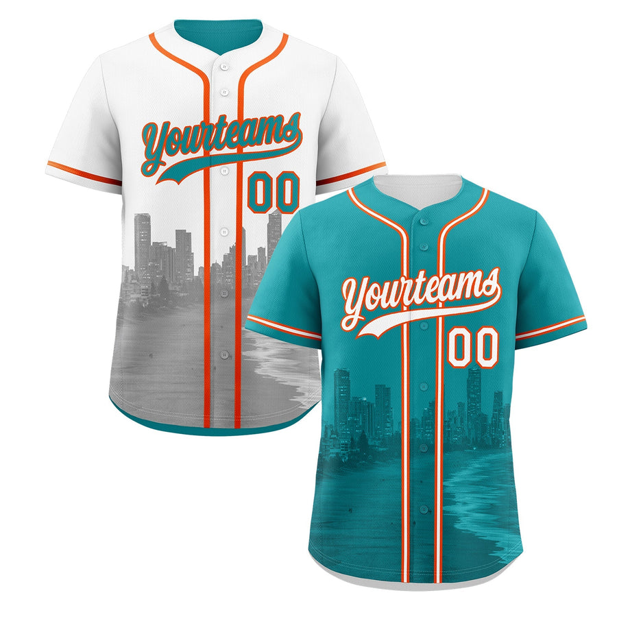 Custom Teal White Baseball Jersey Reversible City Skyline Graffiti Pattern Wrinkle-Resistant | BuyFootballJersey