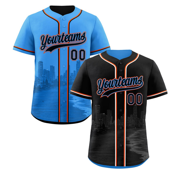 Custom Black Blue Baseball Jersey Reversible City Skyline Graffiti Pattern Fade-Resistant Printing | BuyFootballJersey