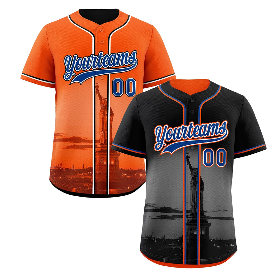 Custom Black Orange Baseball Jersey Reversible City Skyline Graffiti Pattern Stretch Fabric | BuyFootballJersey