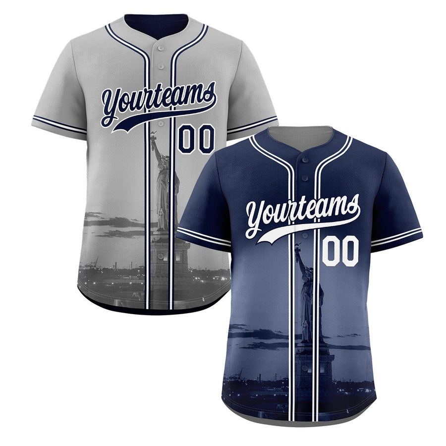 Custom Navy Grey Baseball Jersey Reversible City Skyline Graffiti Pattern Wrinkle-Resistant | BuyFootballJersey