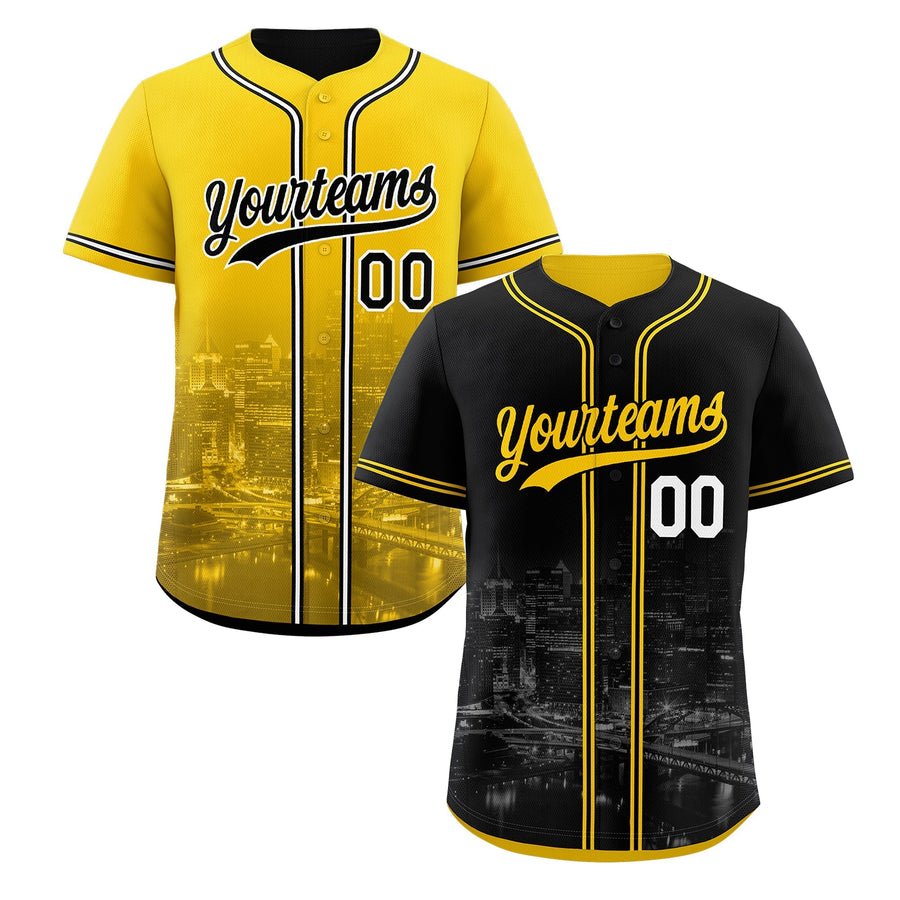 Custom Black Yellow Baseball Jersey Reversible City Skyline Graffiti Pattern Breathable | BuyFootballJersey