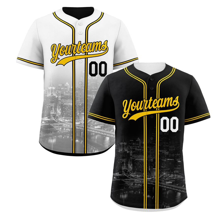 Custom Black White Baseball Jersey Reversible City Skyline Graffiti Pattern Stretch Fabric | BuyFootballJersey