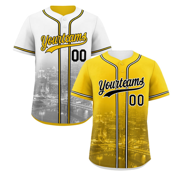 Custom Gold White Black Baseball Jersey Reversible City Skyline Graffiti Pattern Wrinkle-Resistant | BuyFootballJersey
