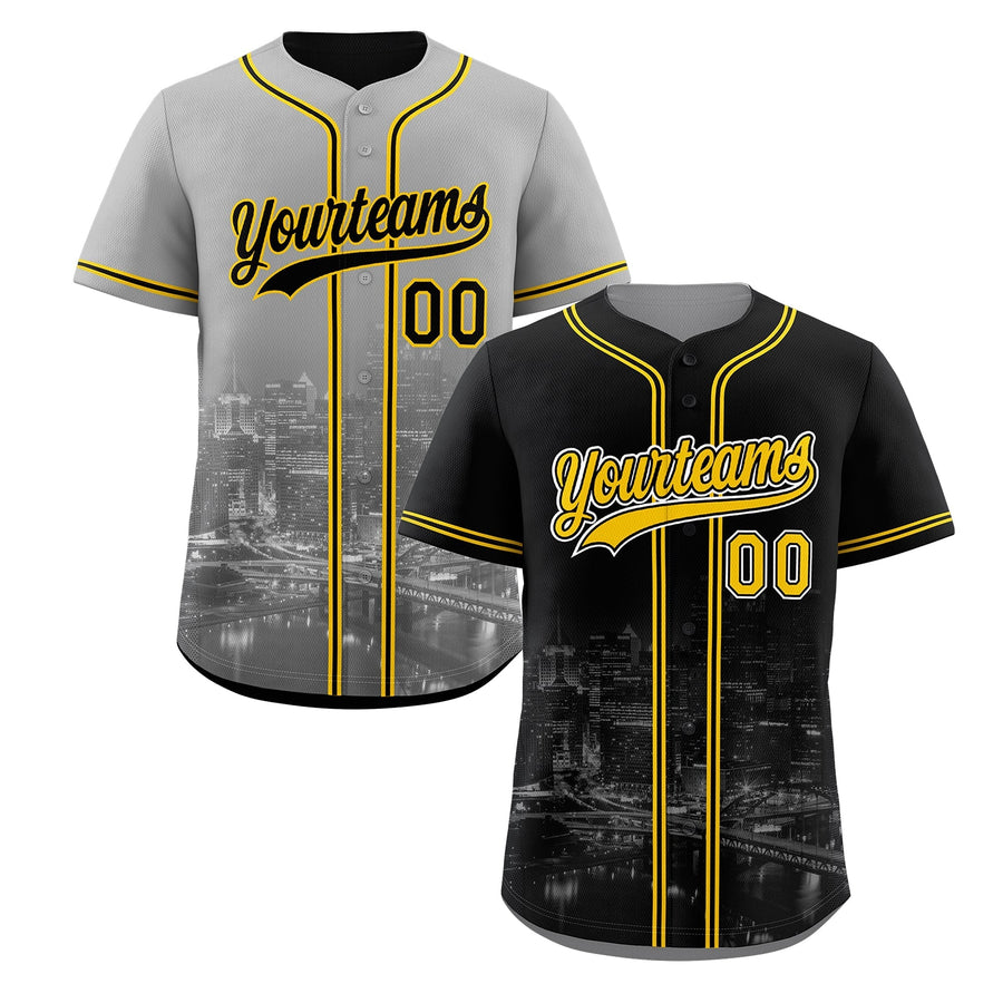 Custom Black Gold Grey Baseball Jersey Reversible City Skyline Graffiti Pattern Breathable | BuyFootballJersey