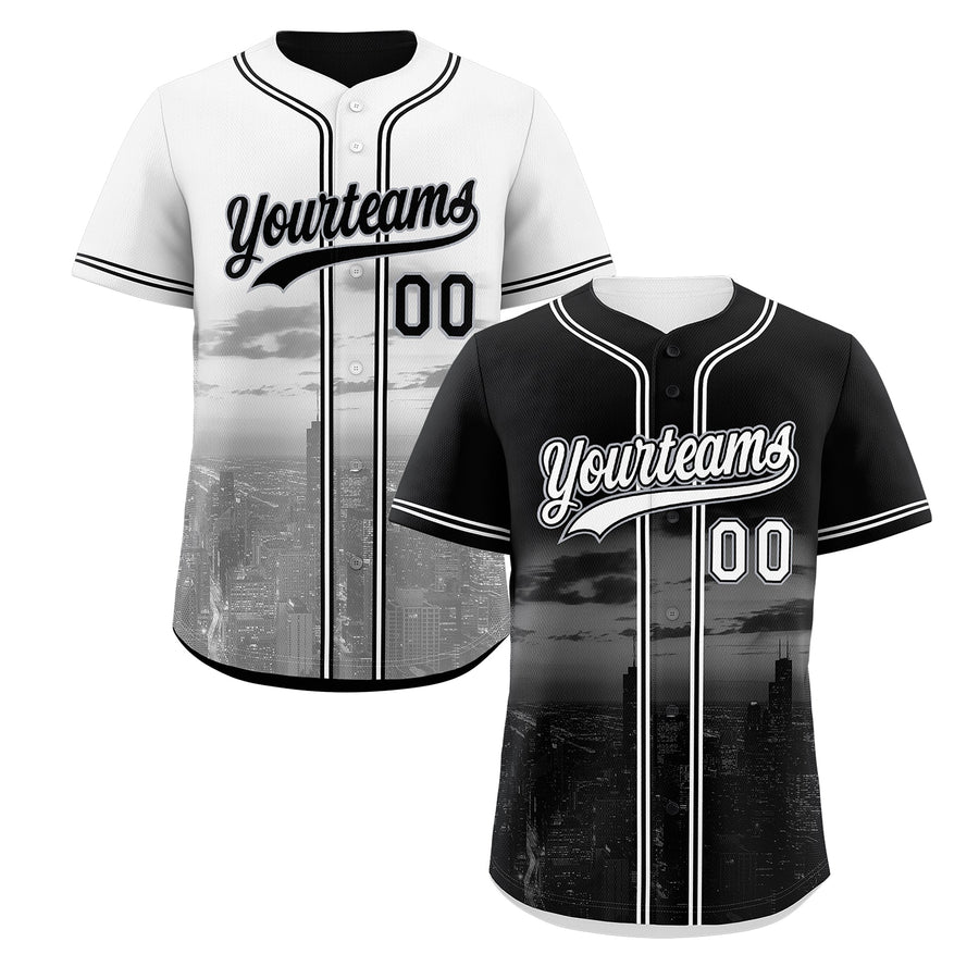 Custom Black White Baseball Jersey Reversible City Skyline Graffiti Pattern Stretch Fabric | BuyFootballJersey