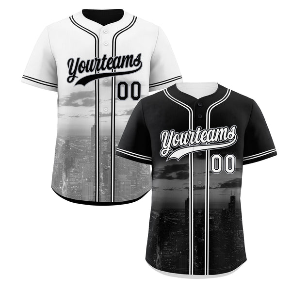 Custom Black White Baseball Jersey Reversible City Skyline Graffiti Pattern Stretch Fabric | BuyFootballJersey