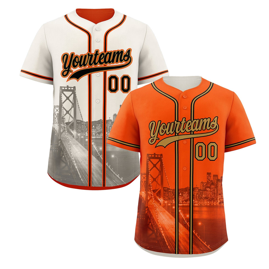 Custom Orange Old Gold Black Baseball Jersey Reversible City Skyline Graffiti Pattern Wrinkle-Resistant | BuyFootballJersey