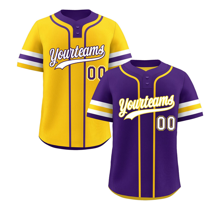 Custom White Gold Purple Reversible Baseball Jersey Classic Style Two-Button Team Uniform | BuyFootballJersey