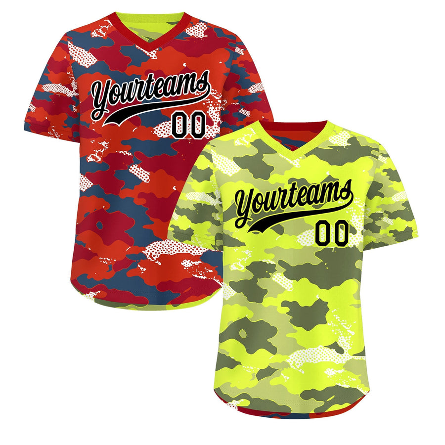 Custom Fluorescent Green Crimson Reversible Pullover Baseball Jersey Camo Stretch Fabric | BuyFootballJersey