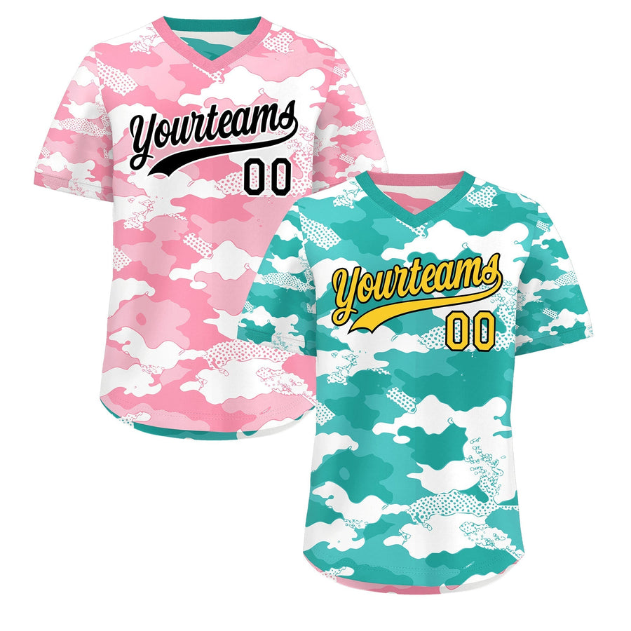 Custom Teal Aqua Light Pink Reversible Pullover Baseball Jersey Camo Stretch Fabric | BuyFootballJersey